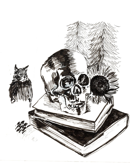 Still Life with Skull and Taxidermy Squirrel Print